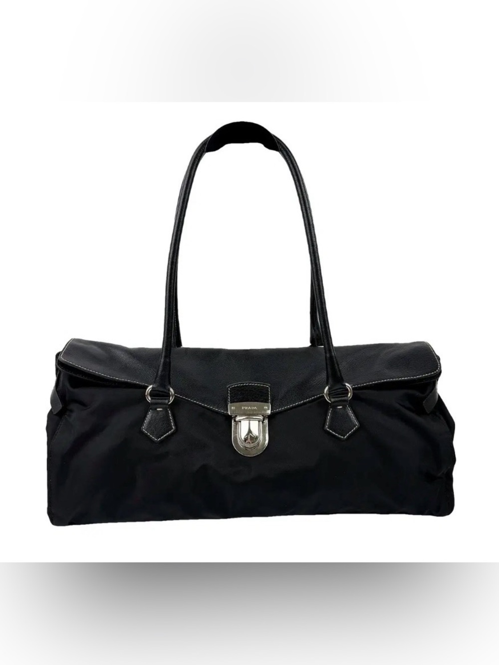 Prada Tessuto Black Shoulder Tote with Silver-Tone Clasp-Classic